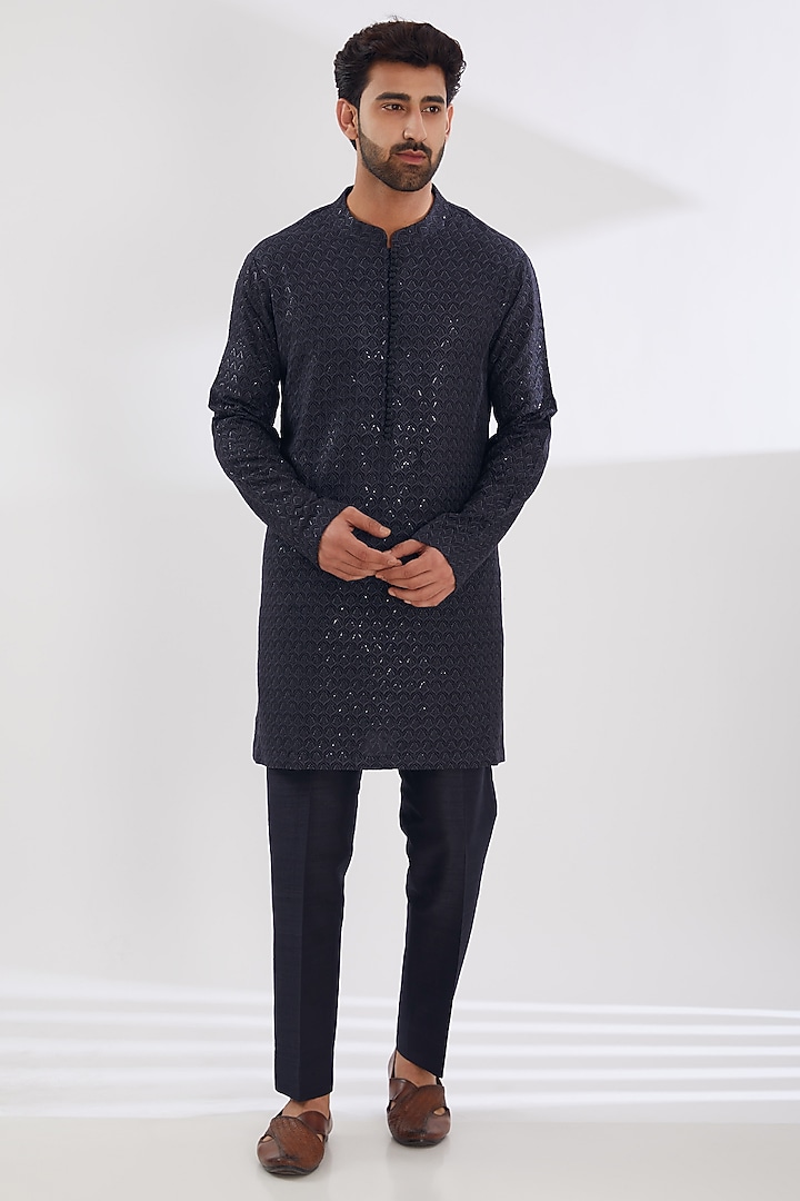 Grey Raw Silk Embroidered Groom Indowestern Set by Seema Gujral Men at Pernia's Pop Up Shop