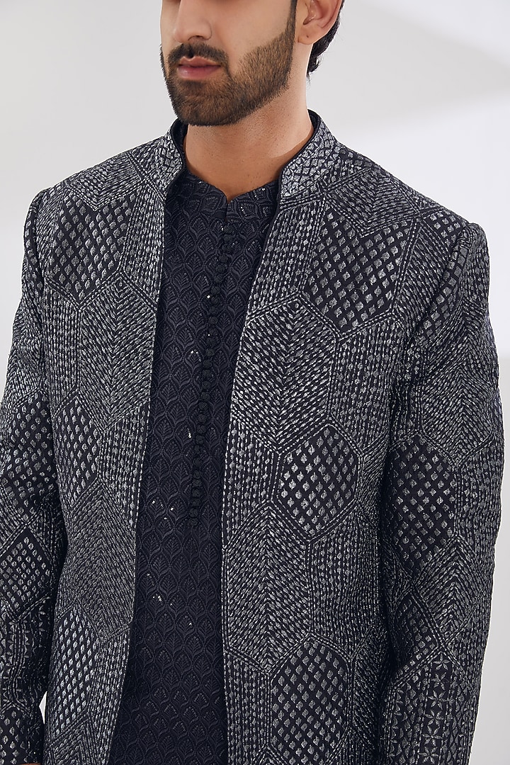Grey Raw Silk Embroidered Groom Indowestern Set by Seema Gujral Men at Pernia's Pop Up Shop