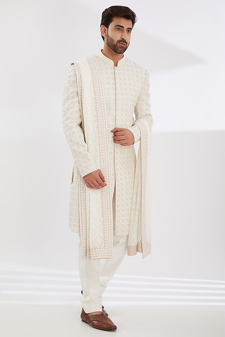 White Chanderi Staple Embroidered Shawl by Seema Gujral Men
