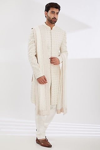 White Chanderi Staple Embroidered Shawl by Seema Gujral Men