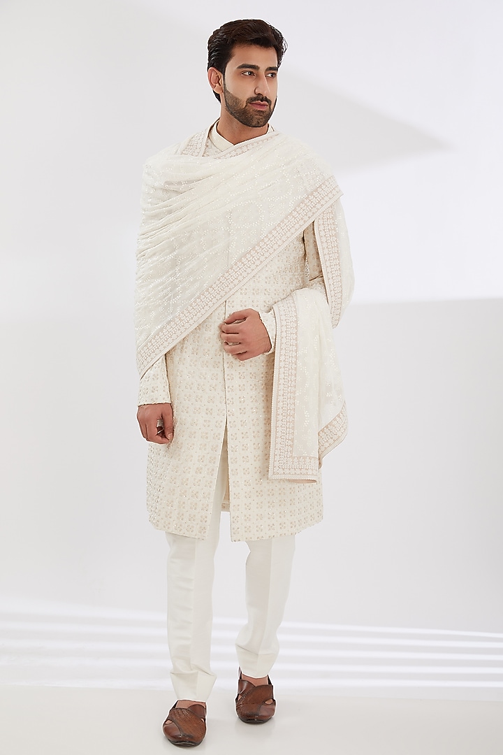 White Chanderi Staple Embroidered Shawl by Seema Gujral Men at Pernia's Pop Up Shop