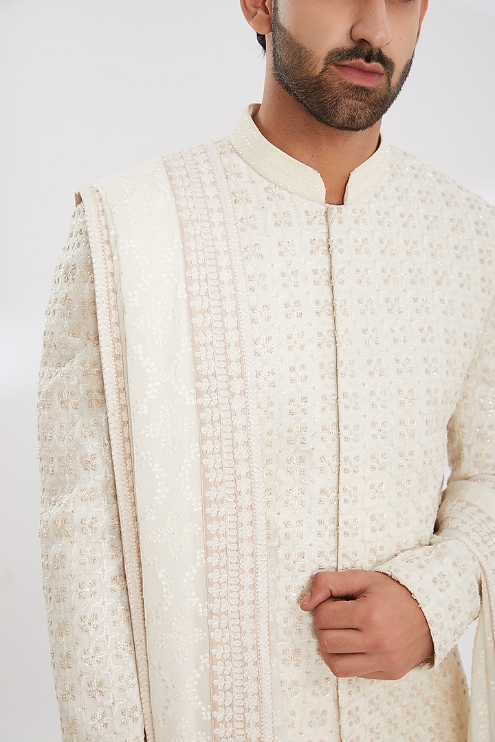 White Chanderi Staple Embroidered Shawl by Seema Gujral Men at Pernia's Pop Up Shop