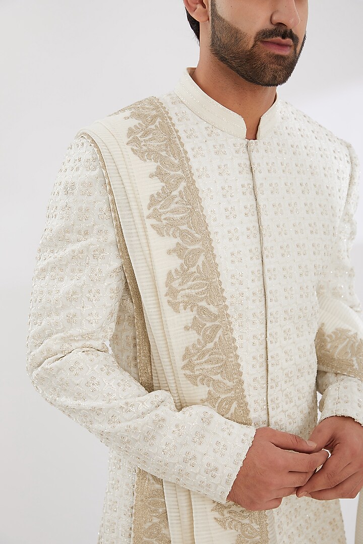White Chanderi Staple Embroidered Shawl by Seema Gujral Men at Pernia's Pop Up Shop