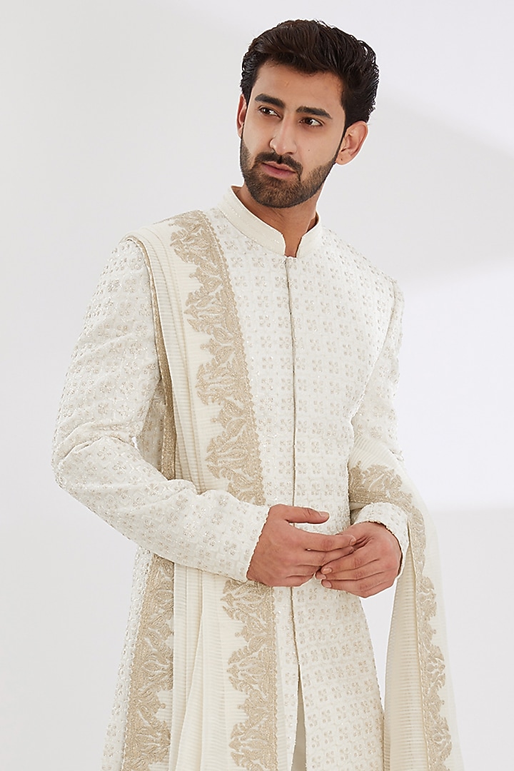 White Chanderi Staple Embroidered Shawl by Seema Gujral Men at Pernia's Pop Up Shop