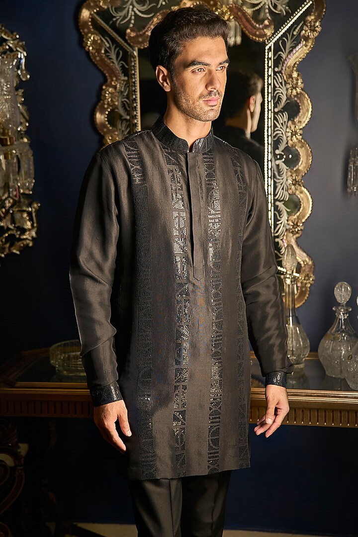 Black Raw Silk Embroidered Jacket Set by Seema Gujral Men at Pernia's Pop Up Shop