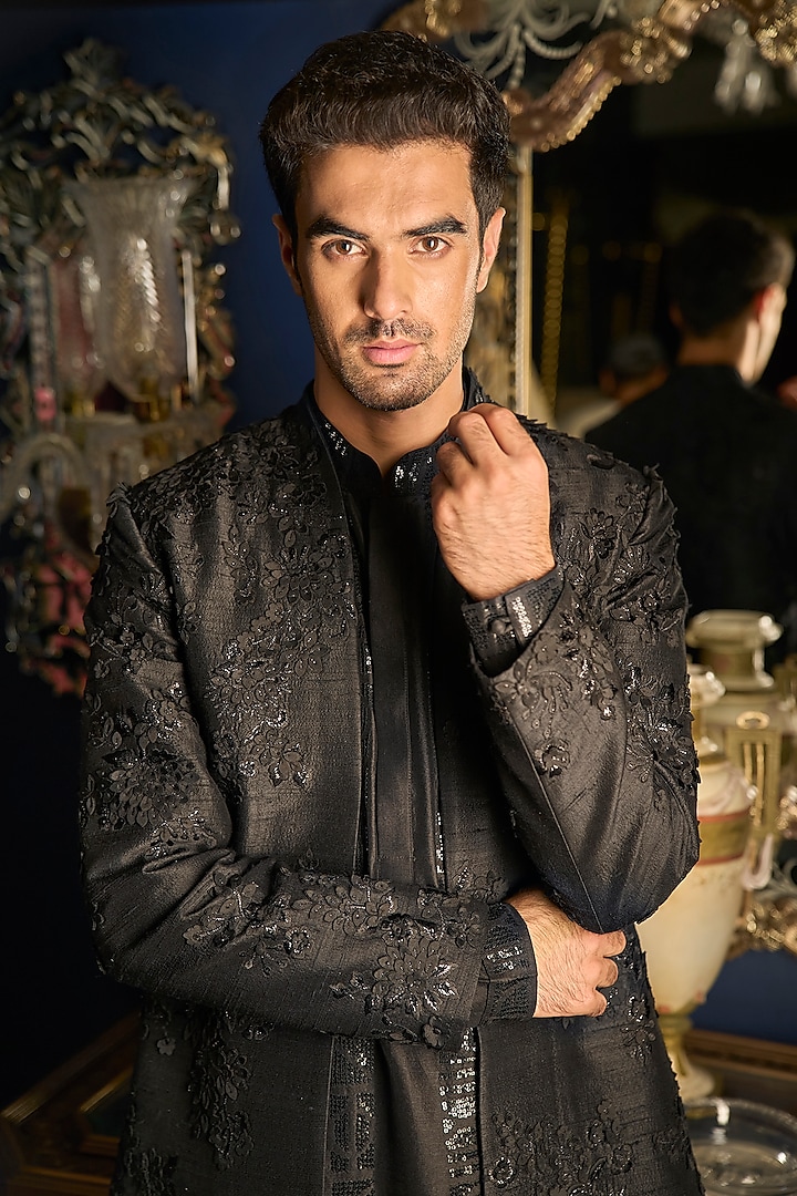 Black Raw Silk Embroidered Jacket Set by Seema Gujral Men at Pernia's Pop Up Shop