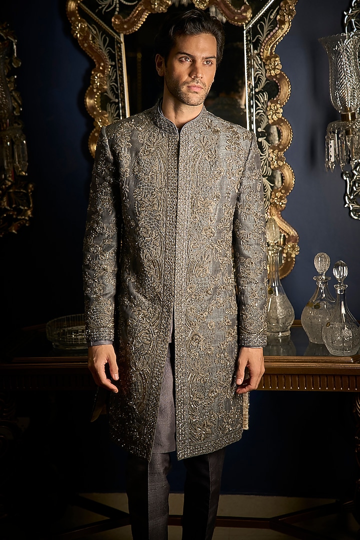 Steel Grey Raw Silk Embroidered Groom Sherwani Set by Seema Gujral Men at Pernia's Pop Up Shop