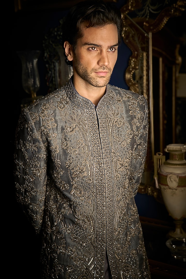 Steel Grey Raw Silk Embroidered Groom Sherwani Set by Seema Gujral Men at Pernia's Pop Up Shop