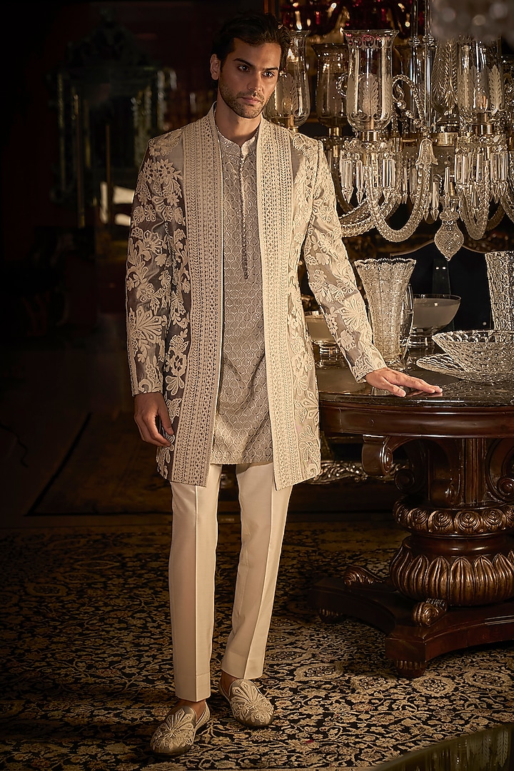 Silver Silk Embroidered Indo-Western Set by Seema Gujral Men