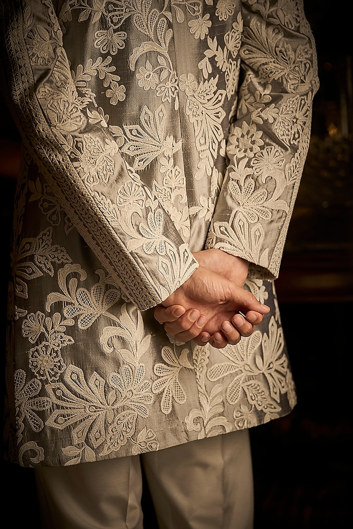 Silver Silk Embroidered Indo-Western Set by Seema Gujral Men at Pernia's Pop Up Shop