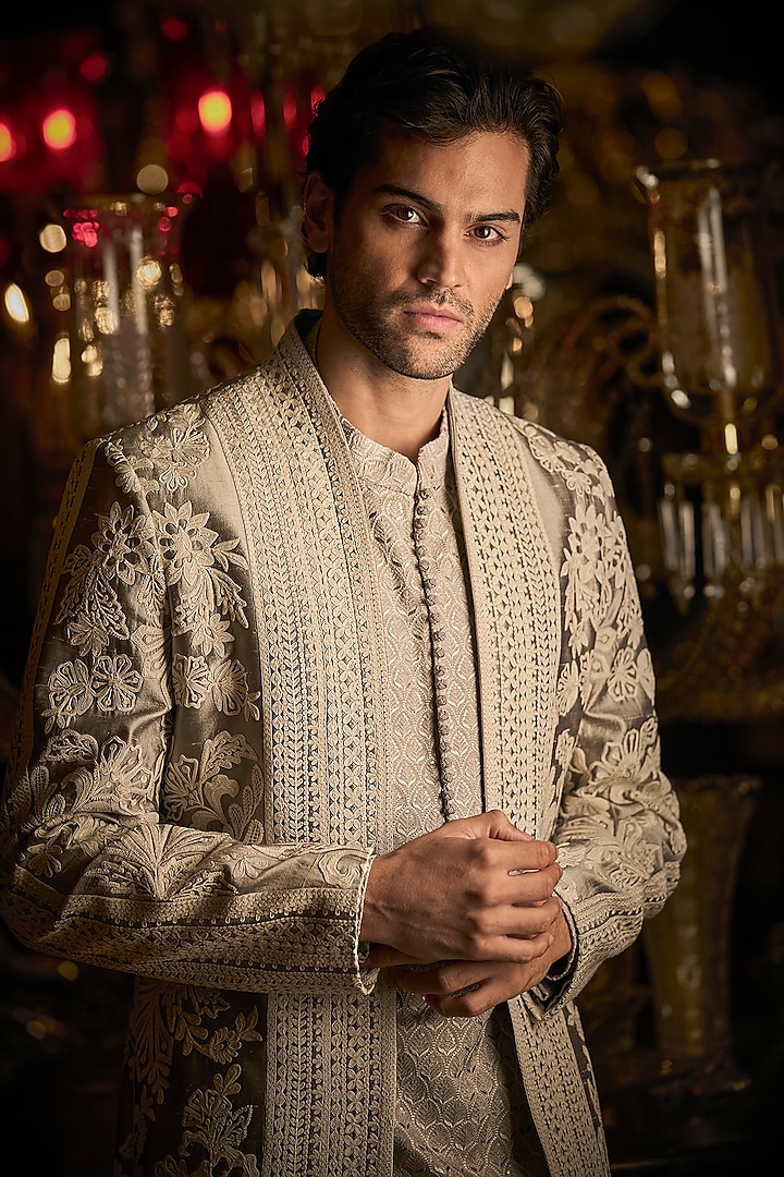 Silver Silk Embroidered Indo-Western Set by Seema Gujral Men at Pernia's Pop Up Shop