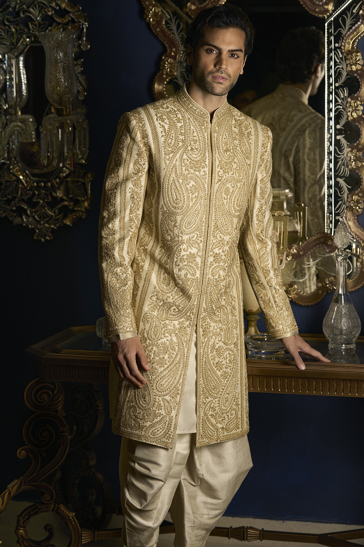 Cream Raw Silk Embroidered Sherwani Set by Seema Gujral Men