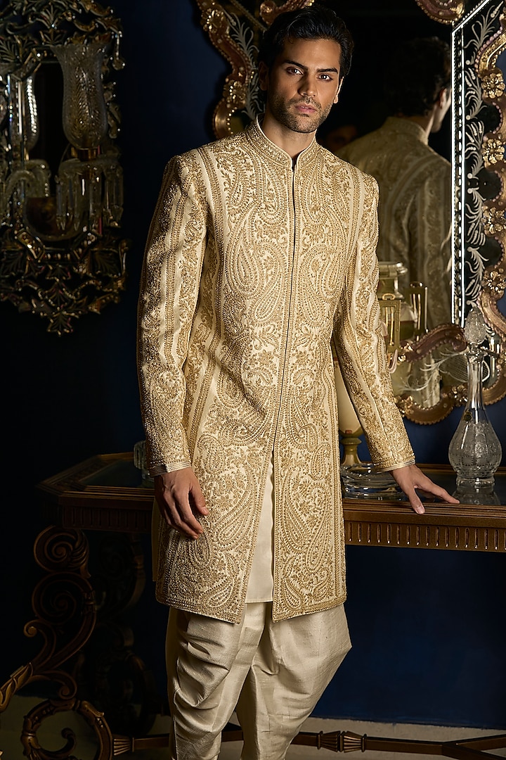 Cream Raw Silk Embroidered Sherwani Set by Seema Gujral Men
