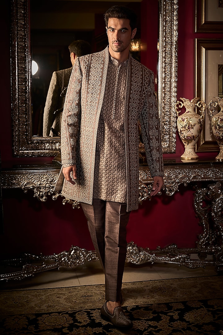 Ash Grey Raw Silk Embroidered Indo-Western Set by Seema Gujral Men