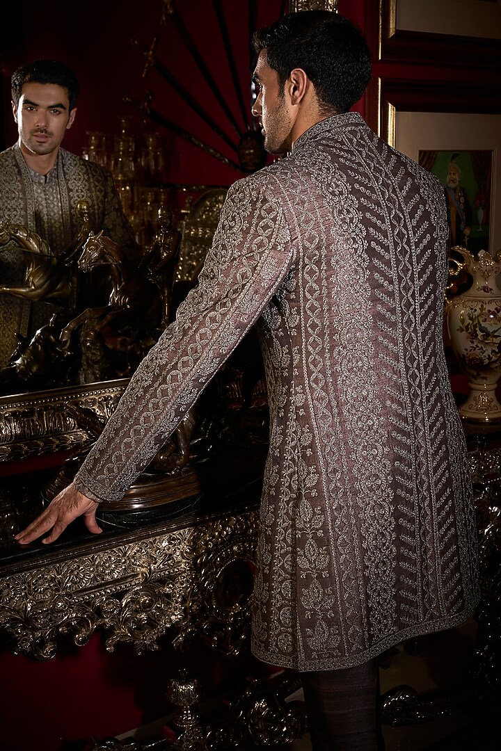 Ash Grey Raw Silk Embroidered Indo-Western Set by Seema Gujral Men at Pernia's Pop Up Shop