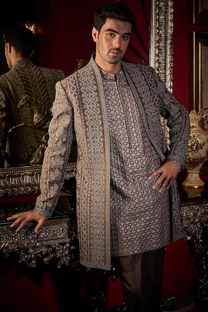 Ash Grey Raw Silk Embroidered Indo-Western Set by Seema Gujral Men at Pernia's Pop Up Shop