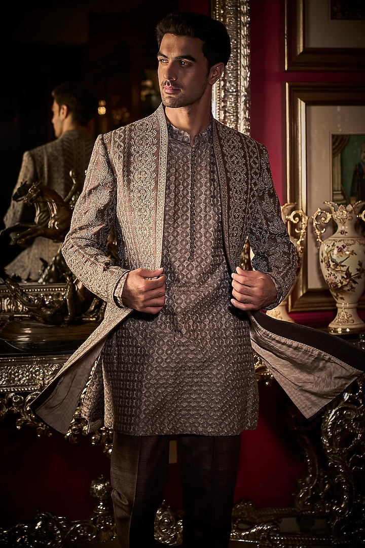 Ash Grey Raw Silk Embroidered Indo-Western Set by Seema Gujral Men at Pernia's Pop Up Shop