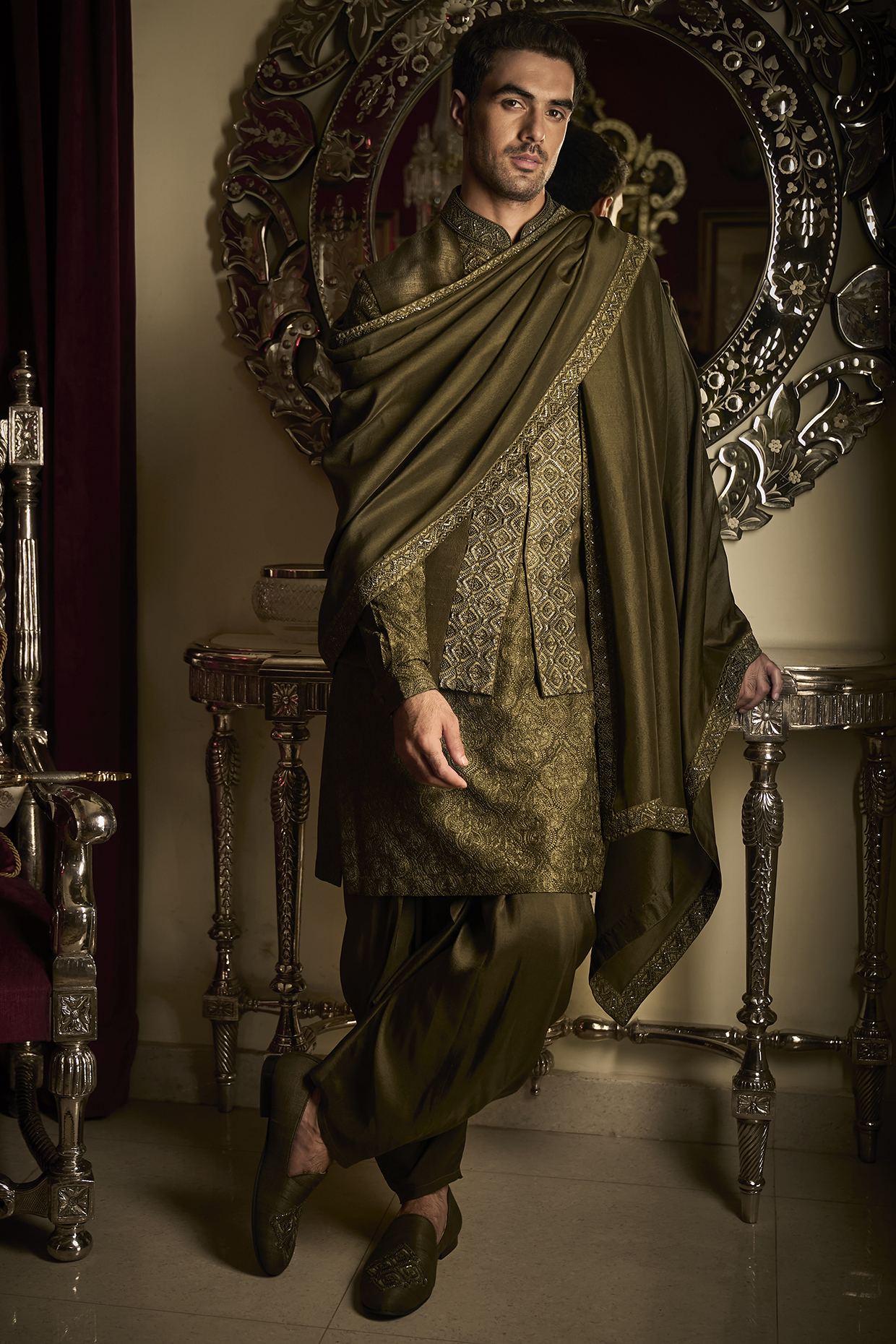 Military Green Raw Silk Sequin Embroidered Bundi Jacket Set by Seema Gujral Men