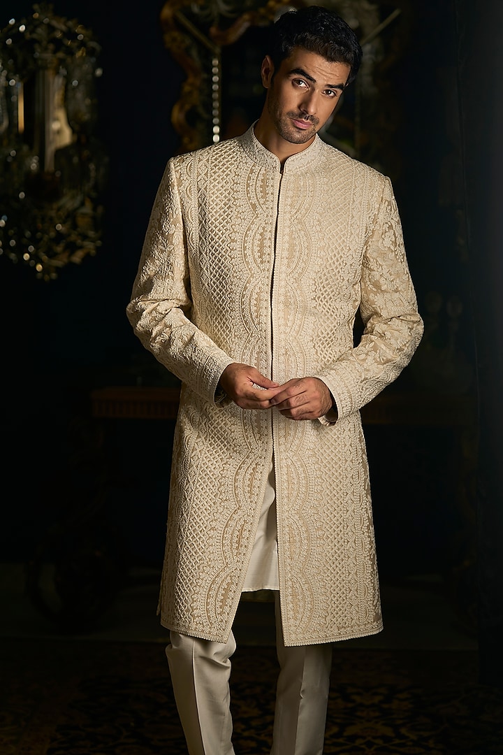 Nude Raw Silk Embroidered Sherwani Set by Seema Gujral Men