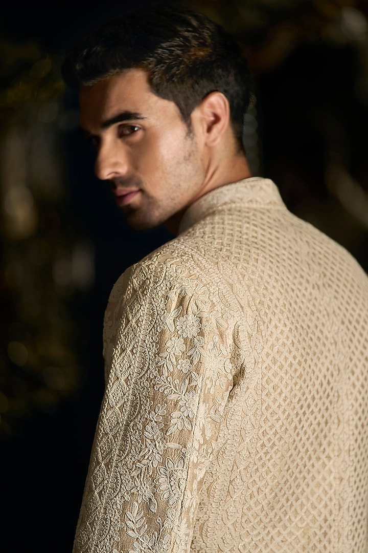 Nude Raw Silk Embroidered Groom Sherwani Set by Seema Gujral Men at Pernia's Pop Up Shop