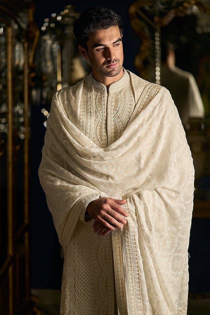 Nude Raw Silk Embroidered Groom Sherwani Set by Seema Gujral Men at Pernia's Pop Up Shop