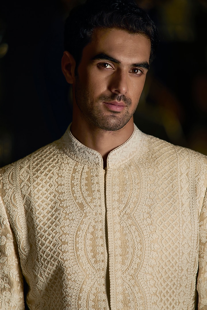 Nude Raw Silk Embroidered Groom Sherwani Set by Seema Gujral Men at Pernia's Pop Up Shop