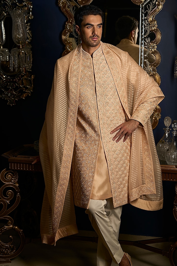 Peach Raw Silk Embroidered Sherwani Set by Seema Gujral Men