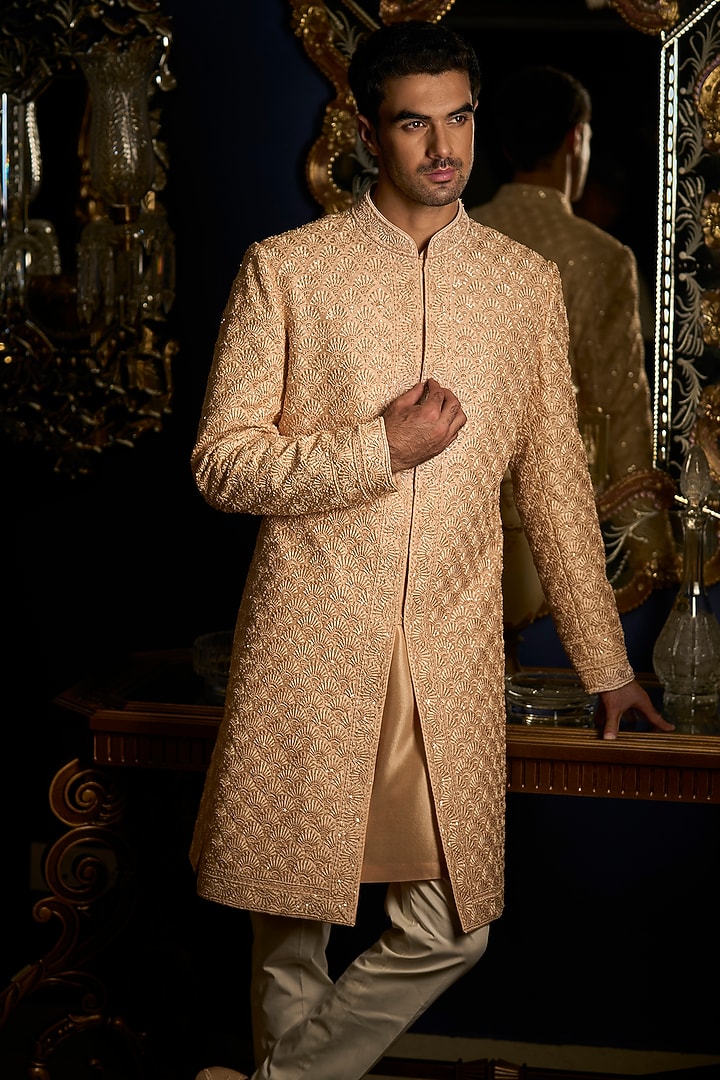 Peach Raw Silk Embroidered Groom Sherwani Set by Seema Gujral Men at Pernia's Pop Up Shop
