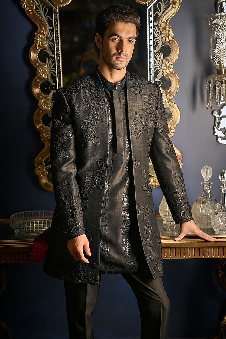 Black Raw Silk Embroidered Indowestern Set With Juttis by Seema Gujral Men