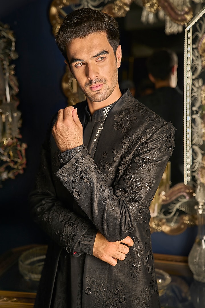 Black Raw Silk Embroidered Groom Indowestern Set With Juttis by Seema Gujral Men at Pernia's Pop Up Shop