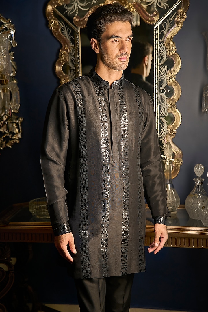 Black Raw Silk Embroidered Groom Indowestern Set With Juttis by Seema Gujral Men at Pernia's Pop Up Shop