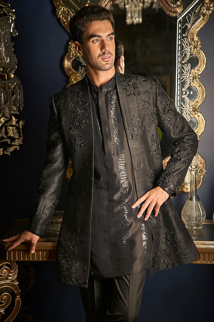 Black Raw Silk Embroidered Groom Indowestern Set With Juttis by Seema Gujral Men at Pernia's Pop Up Shop