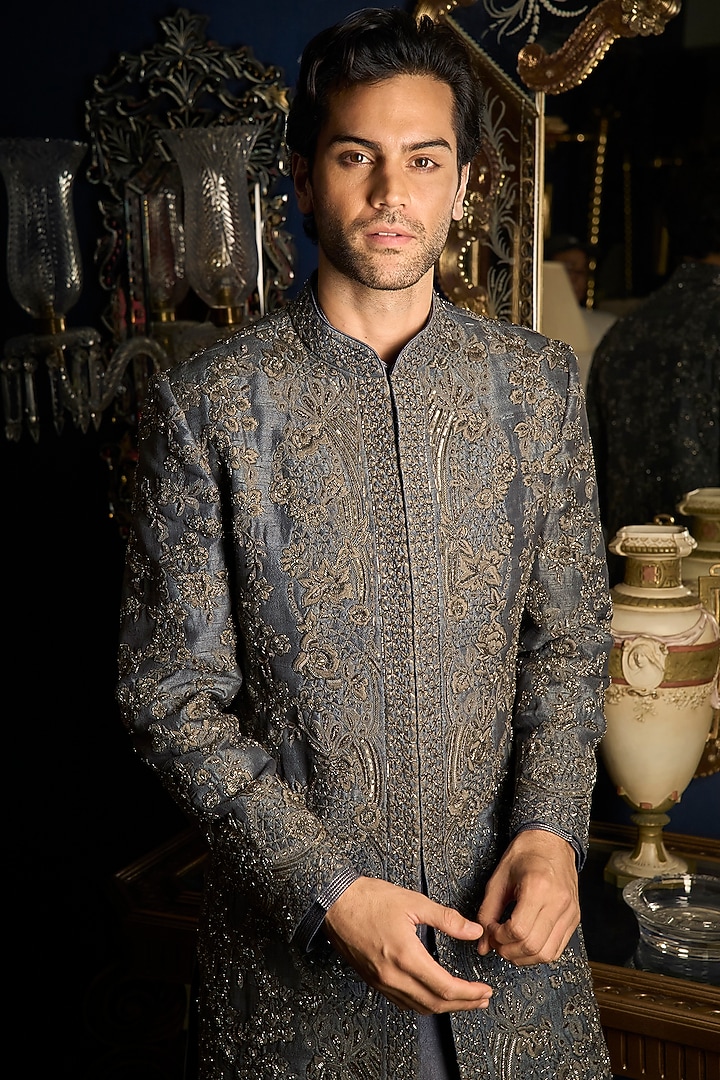 Steel Grey Raw Silk Embroidered Groom Sherwani Set by Seema Gujral Men at Pernia's Pop Up Shop