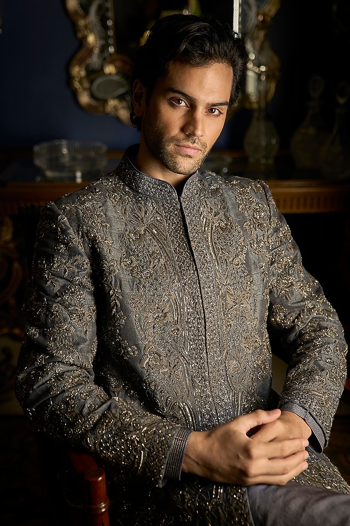Steel Grey Raw Silk Embroidered Groom Sherwani Set by Seema Gujral Men at Pernia's Pop Up Shop
