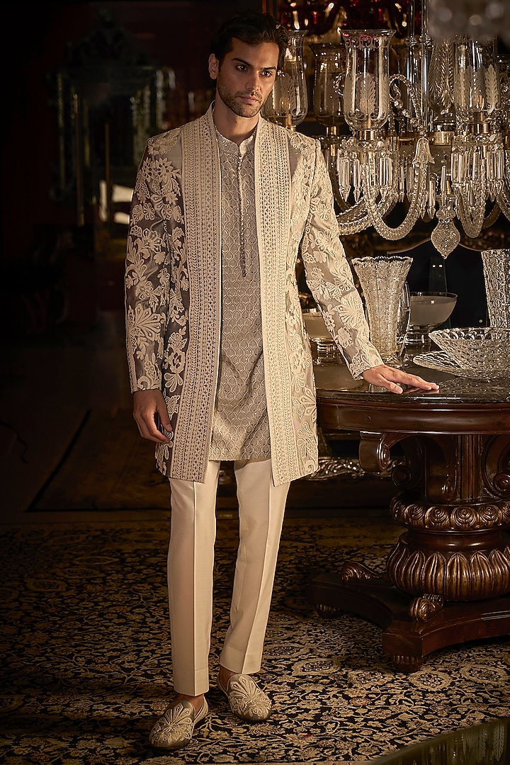 Silver Grey Silk Embroidered Indowestern Set With Juttis by Seema Gujral Men