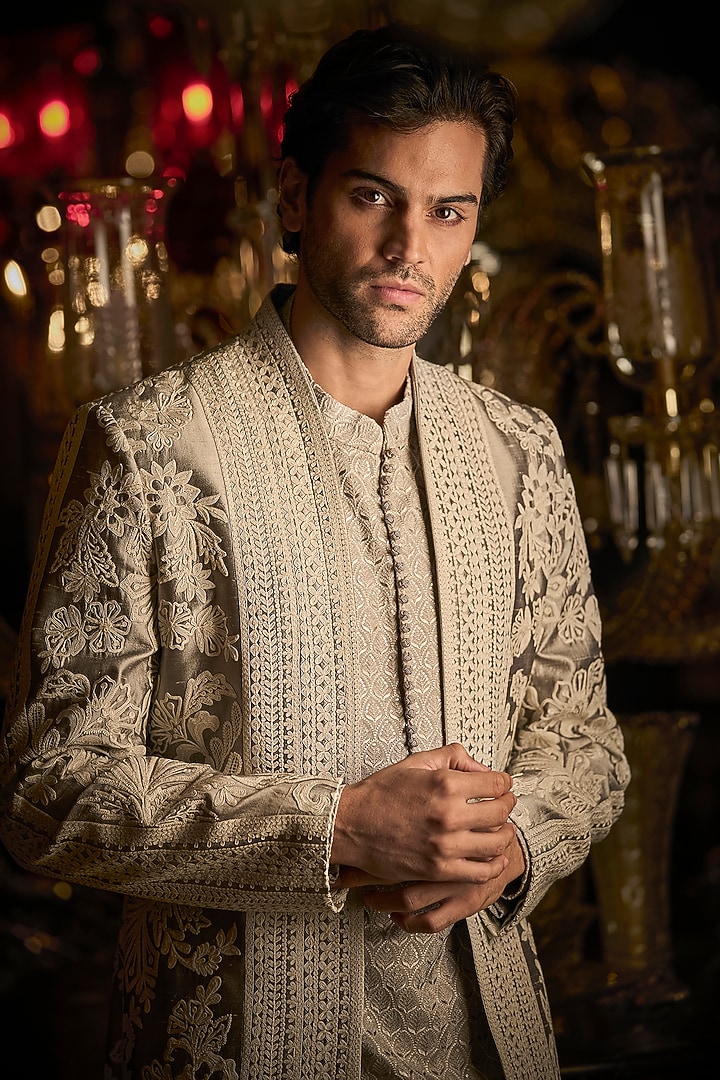 Silver Grey Silk Embroidered Groom Indowestern Set by Seema Gujral Men at Pernia's Pop Up Shop