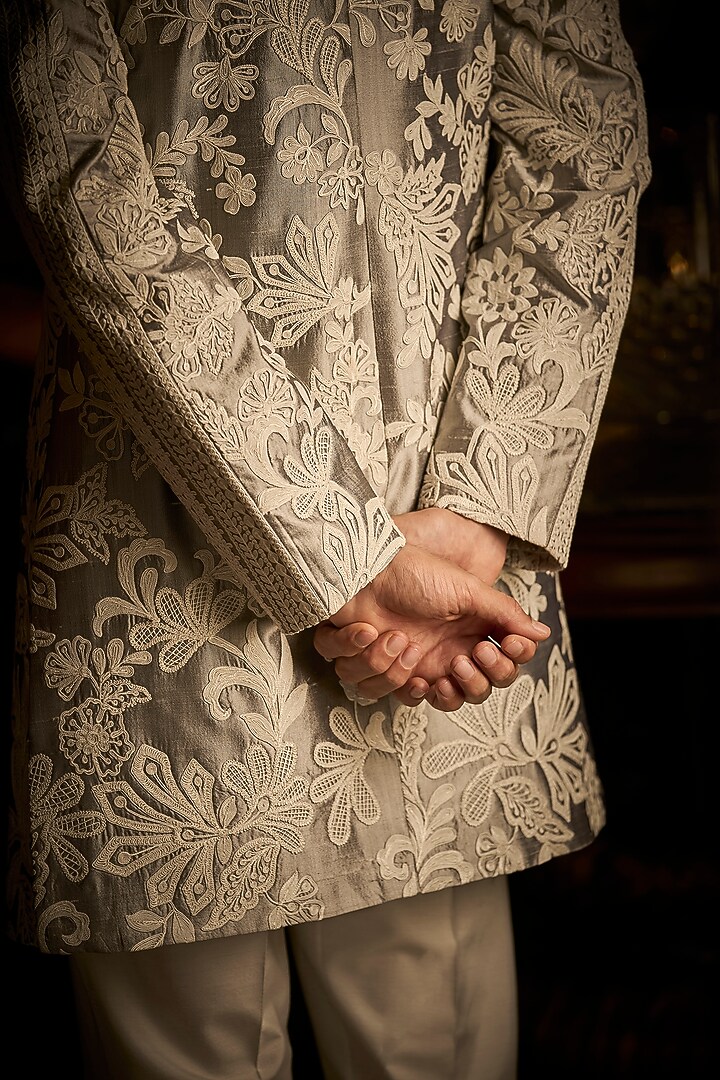 Silver Grey Silk Embroidered Groom Indowestern Set by Seema Gujral Men at Pernia's Pop Up Shop