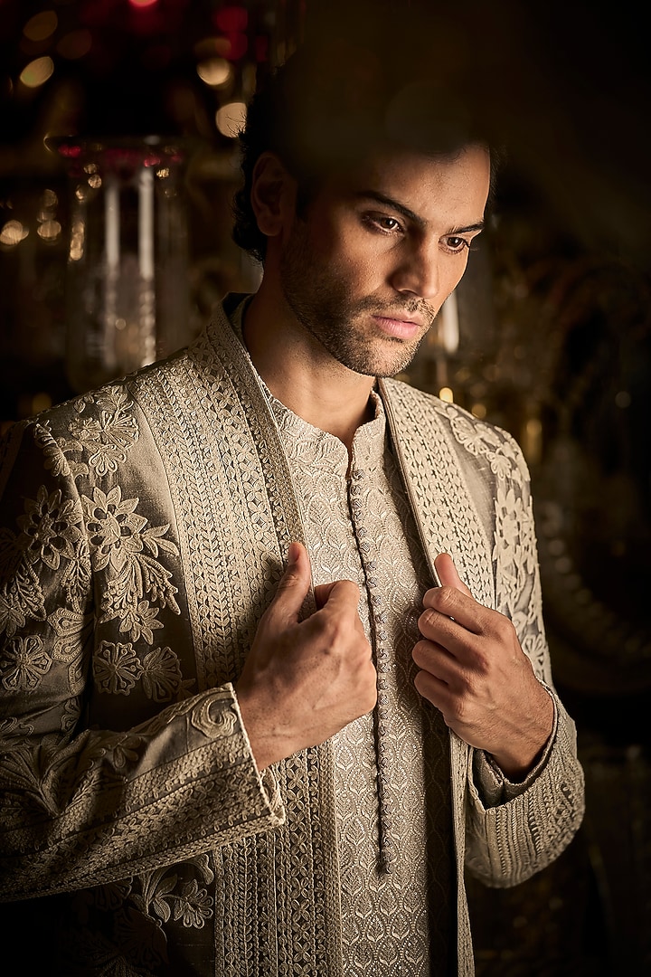 Silver Grey Silk Embroidered Groom Indowestern Set by Seema Gujral Men at Pernia's Pop Up Shop