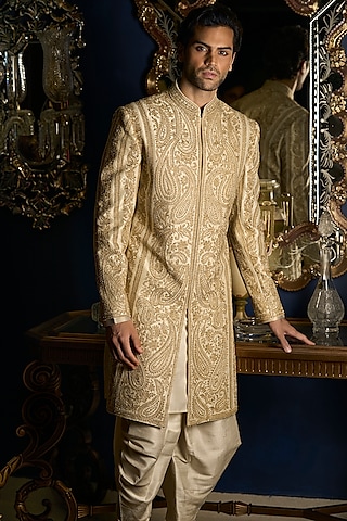 Cream Raw Silk Embroidered Sherwani Set With Juttis & Stole by Seema Gujral Men