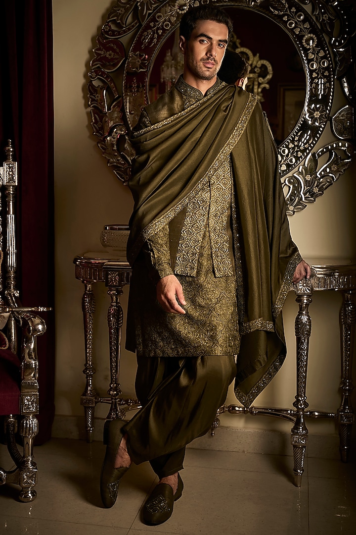 Military Green Tissue Raw Silk Sequin Embroidered Bundi Jacket Set by Seema Gujral Men