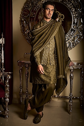 Military Green Tissue Raw Silk Sequin Embroidered Bundi Jacket Set by Seema Gujral Men