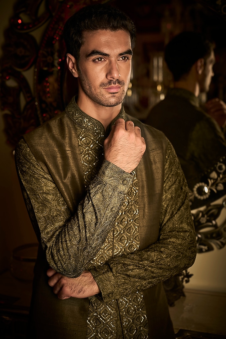 Military Green Tissue Raw Silk Sequin Embroidered Bundi Jacket Set by Seema Gujral Men at Pernia's Pop Up Shop