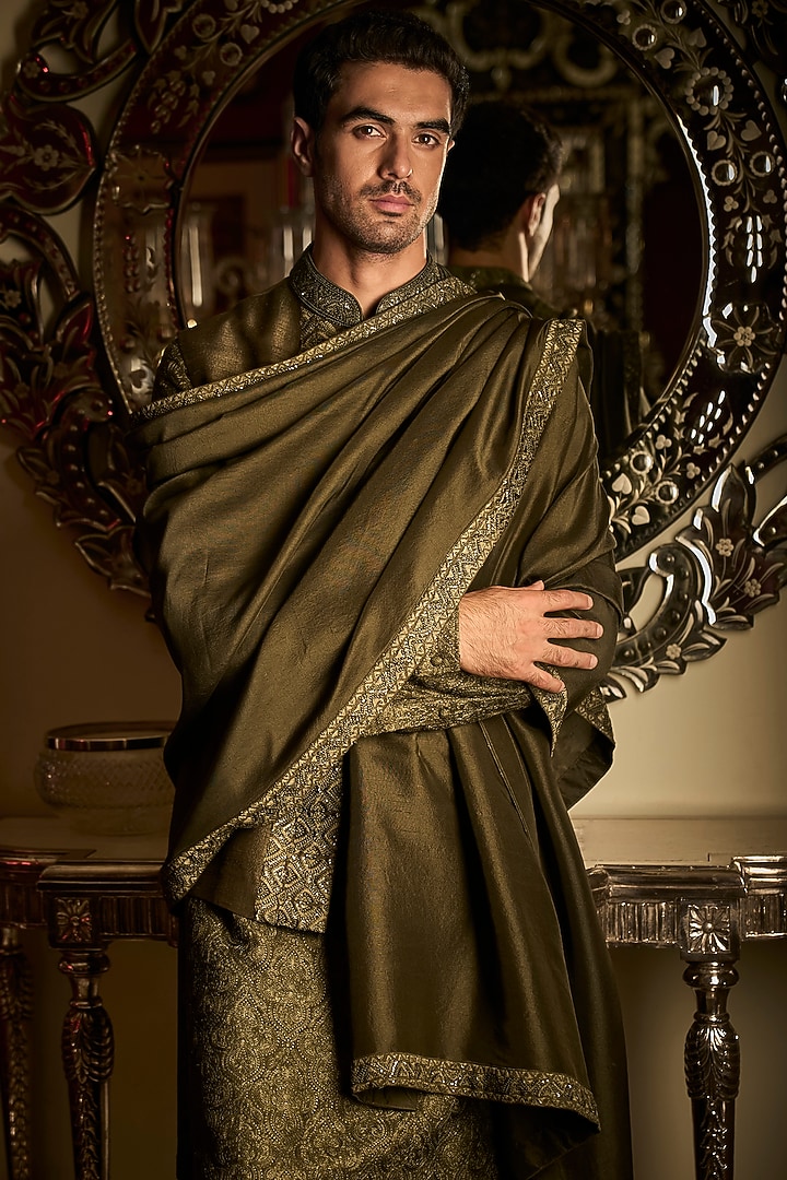 Military Green Tissue Raw Silk Sequin Embroidered Bundi Jacket Set by Seema Gujral Men at Pernia's Pop Up Shop