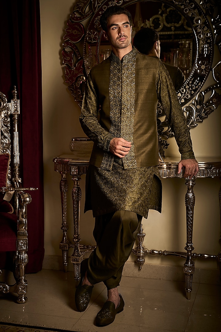 Military Green Tissue Raw Silk Sequin Embroidered Bundi Jacket Set by Seema Gujral Men at Pernia's Pop Up Shop