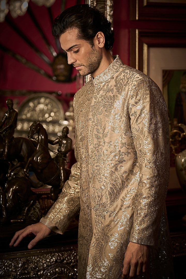 Ash Grey Raw Silk Embroidered Groom Sherwani Set With Juttis by Seema Gujral Men at Pernia's Pop Up Shop