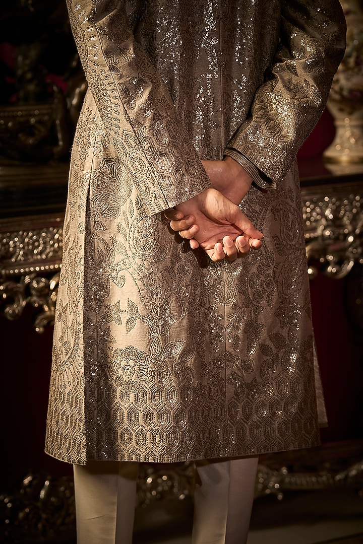 Ash Grey Raw Silk Embroidered Groom Sherwani Set With Juttis by Seema Gujral Men at Pernia's Pop Up Shop
