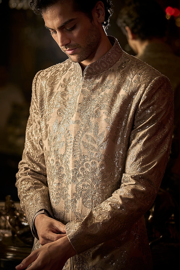 Ash Grey Raw Silk Embroidered Groom Sherwani Set With Juttis by Seema Gujral Men at Pernia's Pop Up Shop