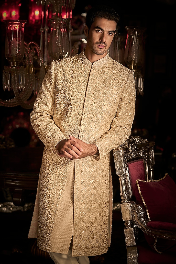 Nude Raw Silk Embroidered Groom Sherwani Set With Juttis by Seema Gujral Men at Pernia's Pop Up Shop