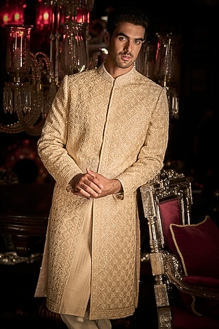 Nude Raw Silk Embroidered Sherwani Set With Juttis by Seema Gujral Men