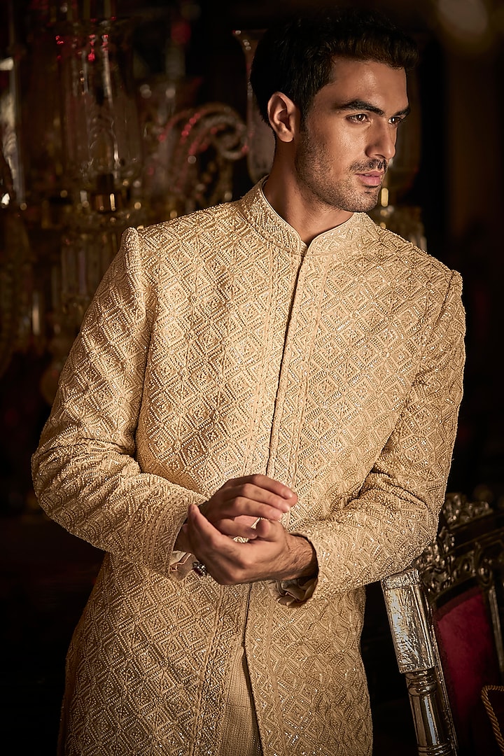 Nude Raw Silk Embroidered Groom Sherwani Set With Juttis by Seema Gujral Men at Pernia's Pop Up Shop